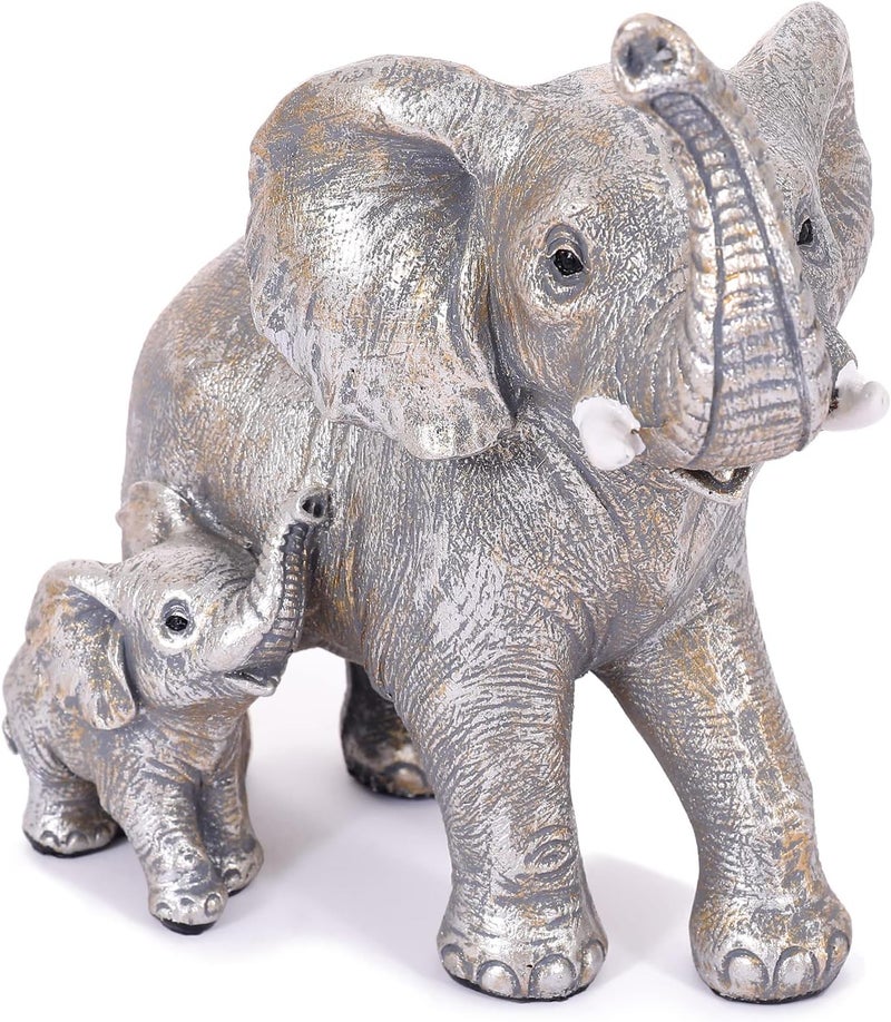 FriyGardcn Cute Silver Elephant Statue Home Décor Good Luck Elephant with The Baby Décor for Shelf Good Gifts for Women Decoration for Living Room, Bedroom, Office - Image 1